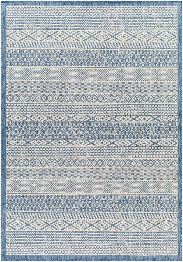 Close-up of the Humla Blue Aztec Area Rug, featuring a geometric pattern in arctic sky and stone hues. Design-Rectangle-537