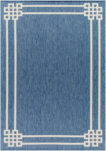 Close-up of the Ilori Blue Area Rug, featuring a geometric Greek key border pattern and a textured blue weave. Design-Rectangle-537
