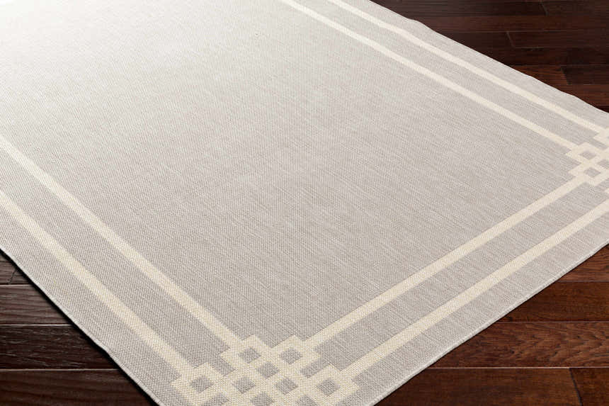 Close-up of the Ilori Light Gray Area Rug showing the geometric border pattern and woven texture. Corner