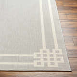 Close-up of the Ilori Light Gray Area Rug showing the geometric border pattern and textured weave on wood floor. Front