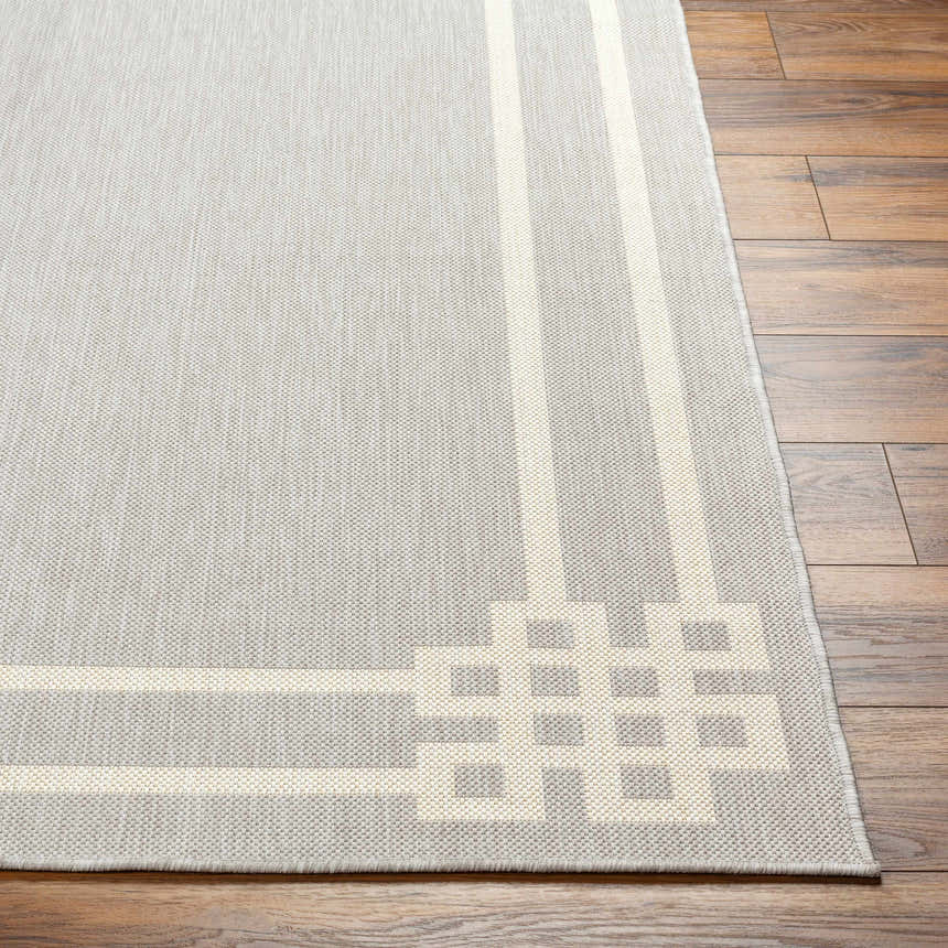 Close-up of the Ilori Light Gray Area Rug showing the geometric border pattern and textured weave on wood floor. Front