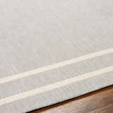 Close-up of the Ilori Light Gray Area Rug showing its subtle woven texture and light neutral tones on a wood floor. Texture