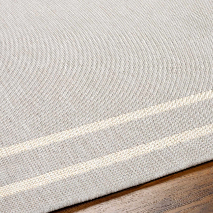 Close-up of the Ilori Light Gray Area Rug showing its subtle woven texture and light neutral tones on a wood floor. Texture