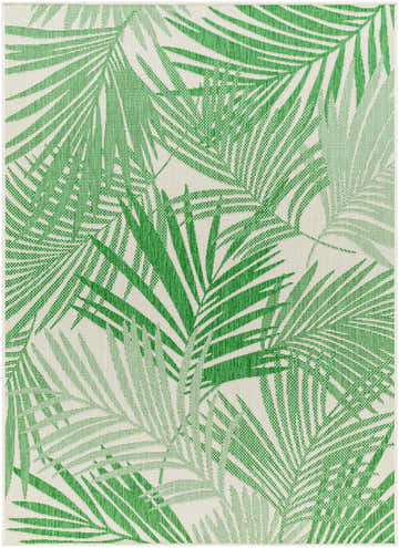 Close-up of the Jaala Area Rug featuring a vibrant green palm leaf pattern on a beige background. Coastal style. Design-Rectangle-537