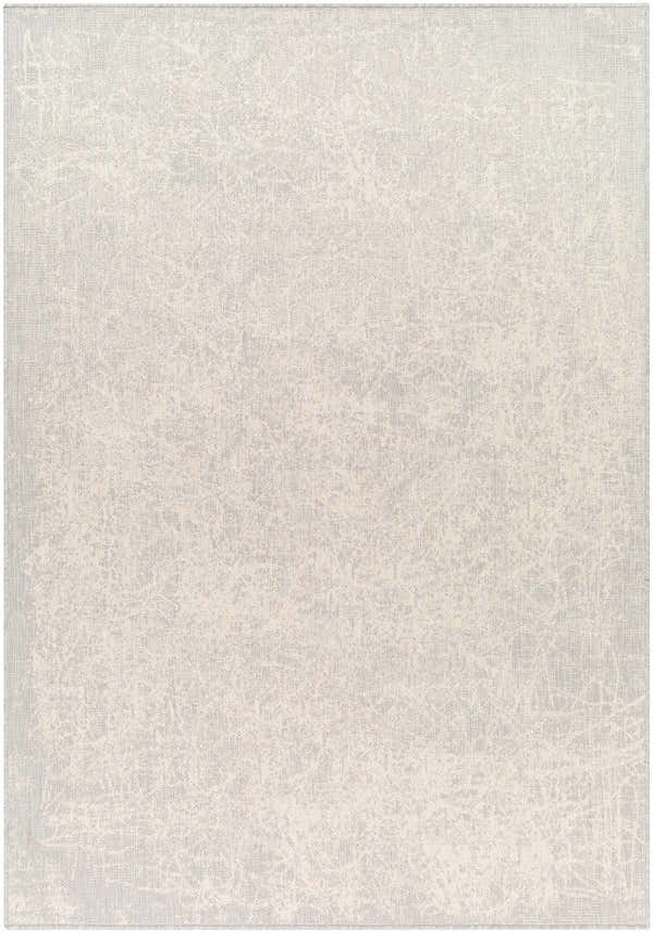 Close-up of the Katz Cream Area Rug, featuring a subtle abstract pattern in beige, bone, and gray tones. Machine woven texture. Design-Rectangle-537