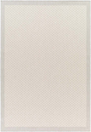 Close-up of the Suzu Area Rug, a machine-woven rug with a small beige and gray diamond pattern and a gray border. Design-Rectangle-537