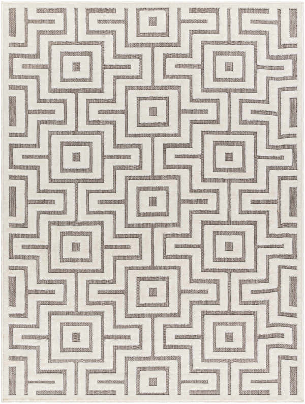 Close-up of Zevi Beige Outdoor Rug featuring a contemporary geometric maze pattern in bone and dark gray hues. Design-Rectangle-537