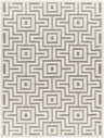 Close-up of Zevi Beige Outdoor Rug featuring a contemporary geometric maze pattern in bone and dark gray hues. Design-Rectangle-537