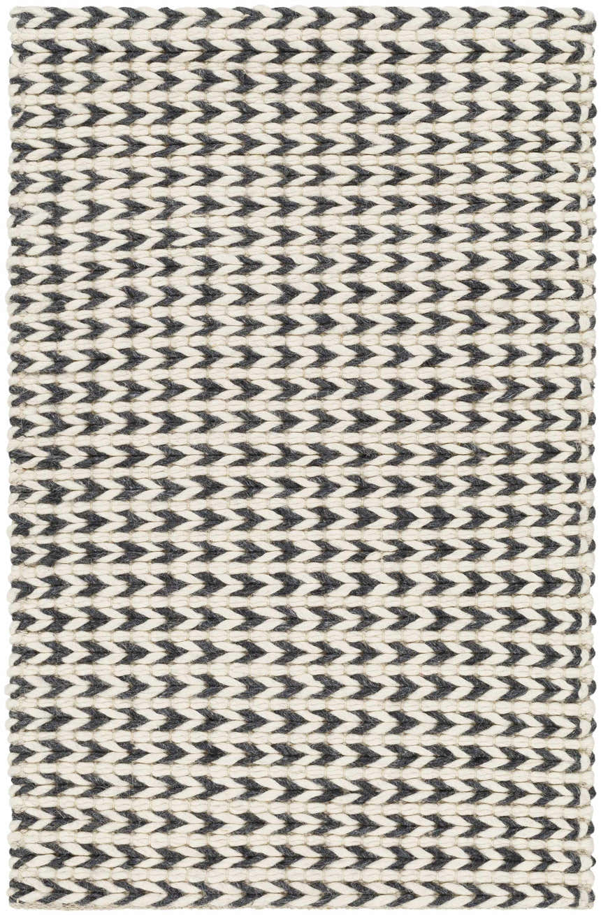 Close-up of the hand woven Lenci Silver Beige Area Rug featuring a contemporary bark brown and beige arrow pattern. Design-Rectangle-23