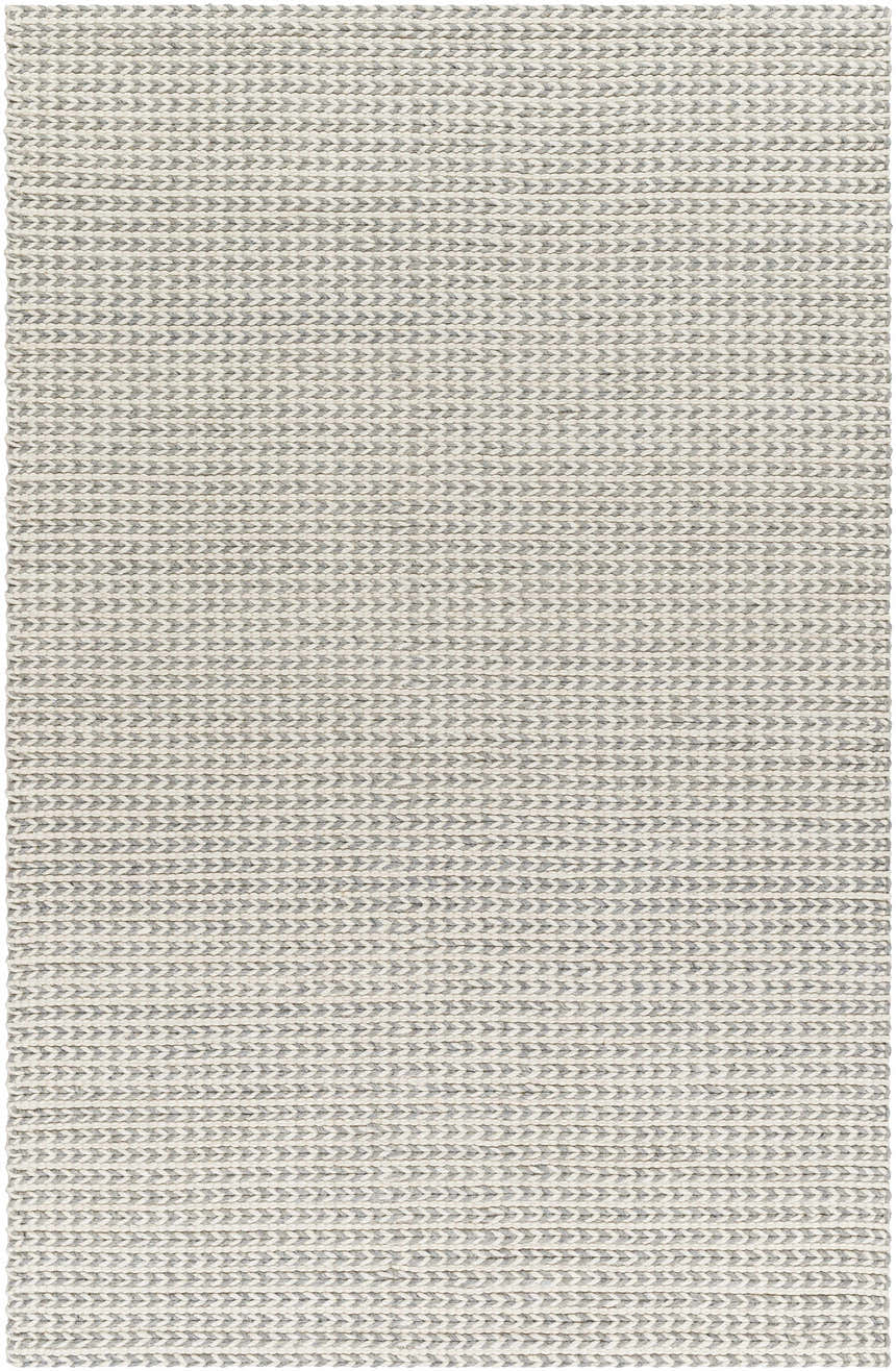 Close-up of the Lenci Bone Area Rug. Hand-woven rug with a beige and bone braided pattern. Wool and cotton rug texture. Design-Rectangle-576