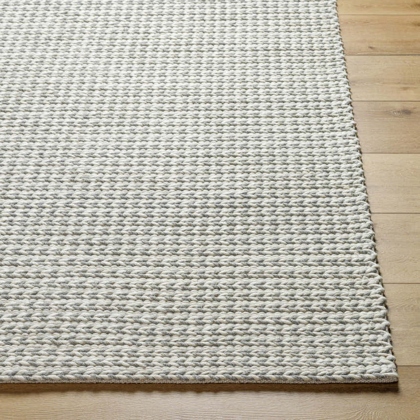 Close-up of the hand woven Lenci Bone Area Rug. Beige and bone wool and cotton rug with a braided texture. Front