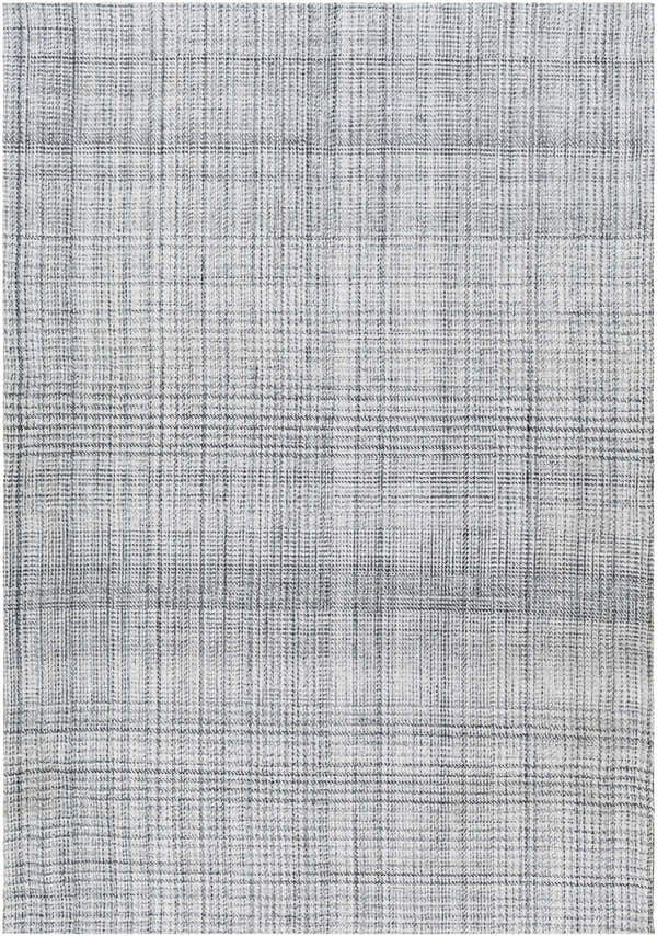 Close-up of the Jezel Gray Area Rug, a hand-woven rug with a subtle gray plaid pattern and soft, textured yarn. Design-Rectangle-576