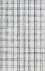 Close-up of the Leeba Gray Plaid Area Rug, a hand-woven rug with a farmhouse style plaid pattern in gray and white. Design-Rectangle-576