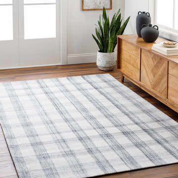 Living room with wood floors and Leeba Gray Plaid Area Rug. Farmhouse style with wood cabinet, plant, and neutral decor. Roomscene-Rectangle