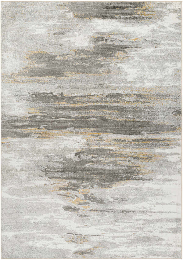 Close-up of the Derex Abstract Gray Rug showing its gray, off-white, and rust-colored contemporary design. Design-Rectangle-537