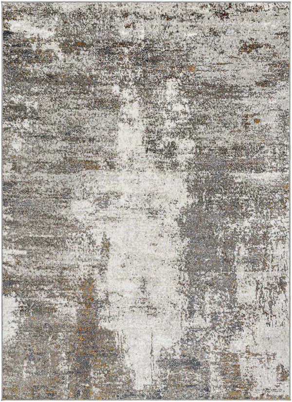 Close-up of Duval Taupe Abstract Area Rug. Contemporary design with brown, gray, taupe, and orange hues. Machine woven texture. Design-Rectangle-537