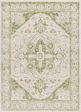 Close-up of the Gauri Green Medallion Area Rug, showcasing its farmhouse style, traditional pattern, and soft green hues. Design-Rectangle-537