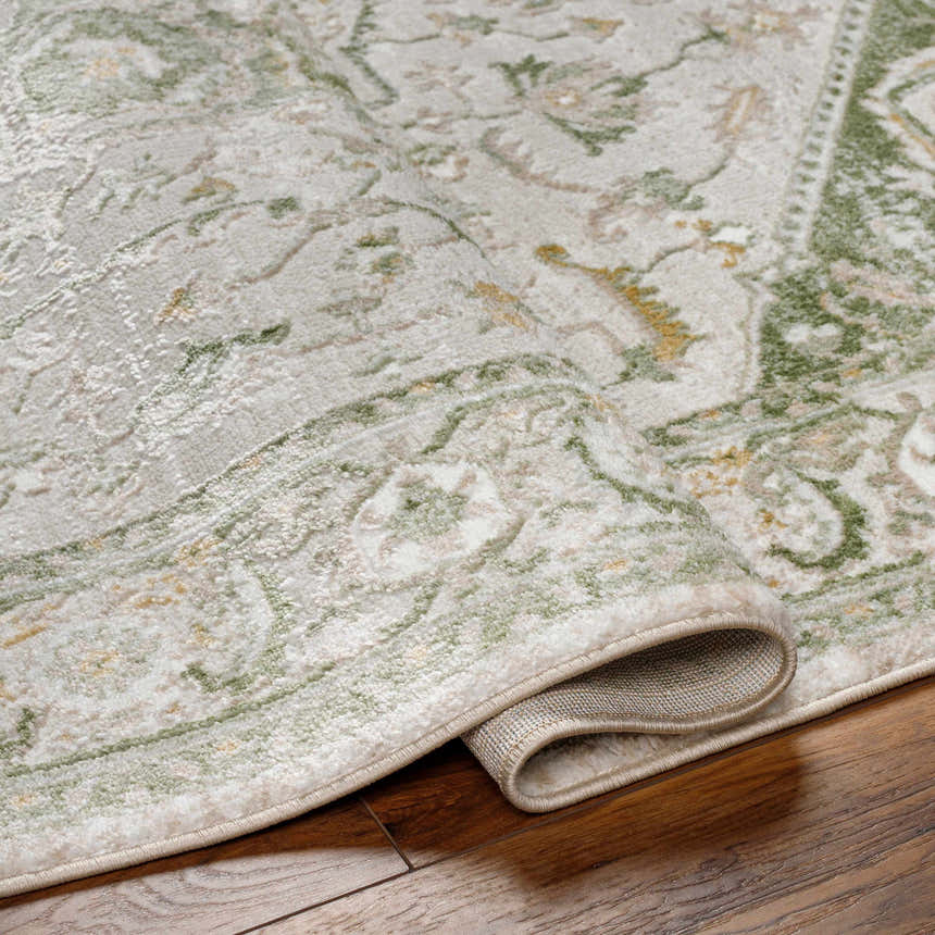 Close-up of the Gauri Green Medallion Area Rug showing its traditional design, soft texture, and farmhouse style. Fold
