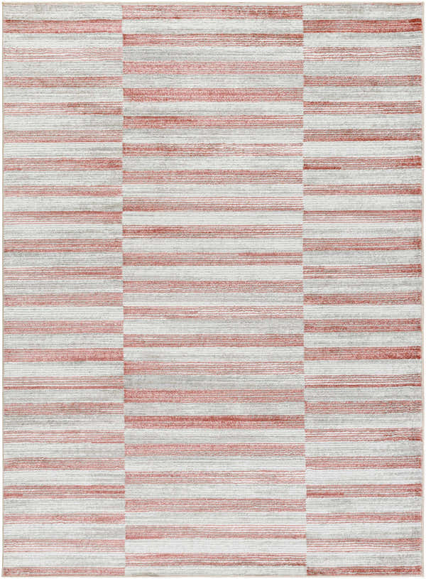 Close-up of the Gorou Pink Area Rug featuring a contemporary striped pattern in brick red, gray, and white thatch. Design-Rectangle-537