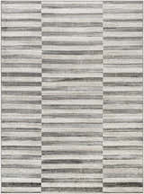 Close-up of the Gorou Taupe Area Rug featuring a horizontal striped pattern in shades of gray, taupe, and white. Design-Rectangle-537