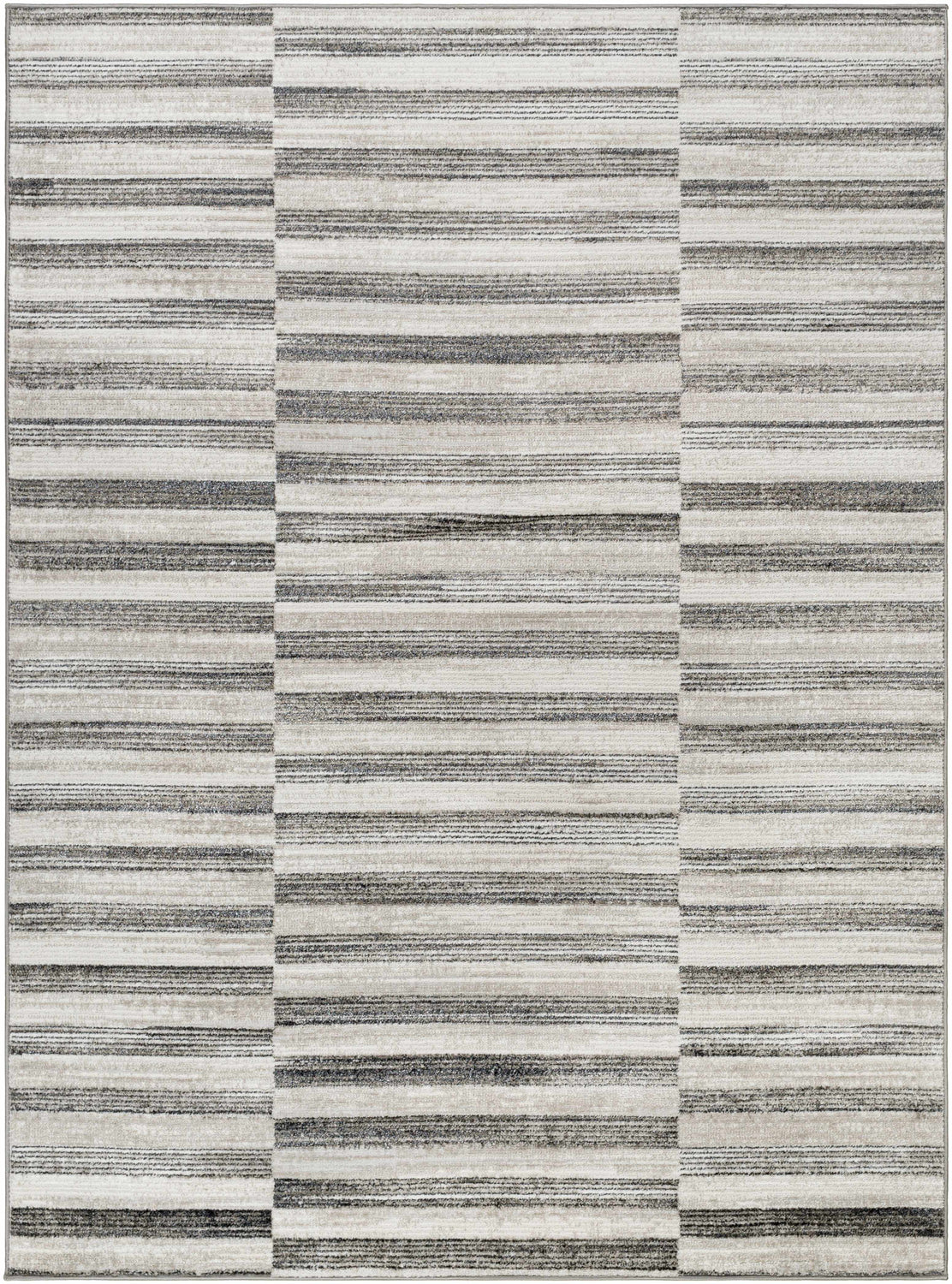 Close-up of the Gorou Taupe Area Rug featuring a horizontal striped pattern in shades of gray, taupe, and white. Design-Rectangle-537
