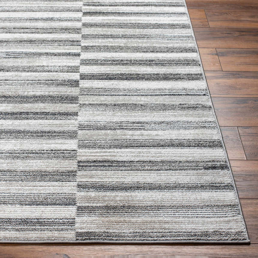 Close-up of the Gorou Taupe Area Rug showing a horizontal striped pattern in shades of gray and cream on hardwood flooring. Front
