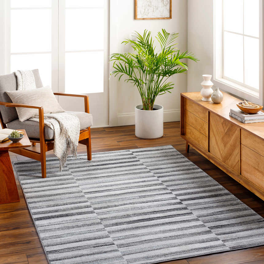 Living room scene with a Gorou Taupe Area Rug, gray armchair, wood media console, and indoor plant. Roomscene-Rectangle