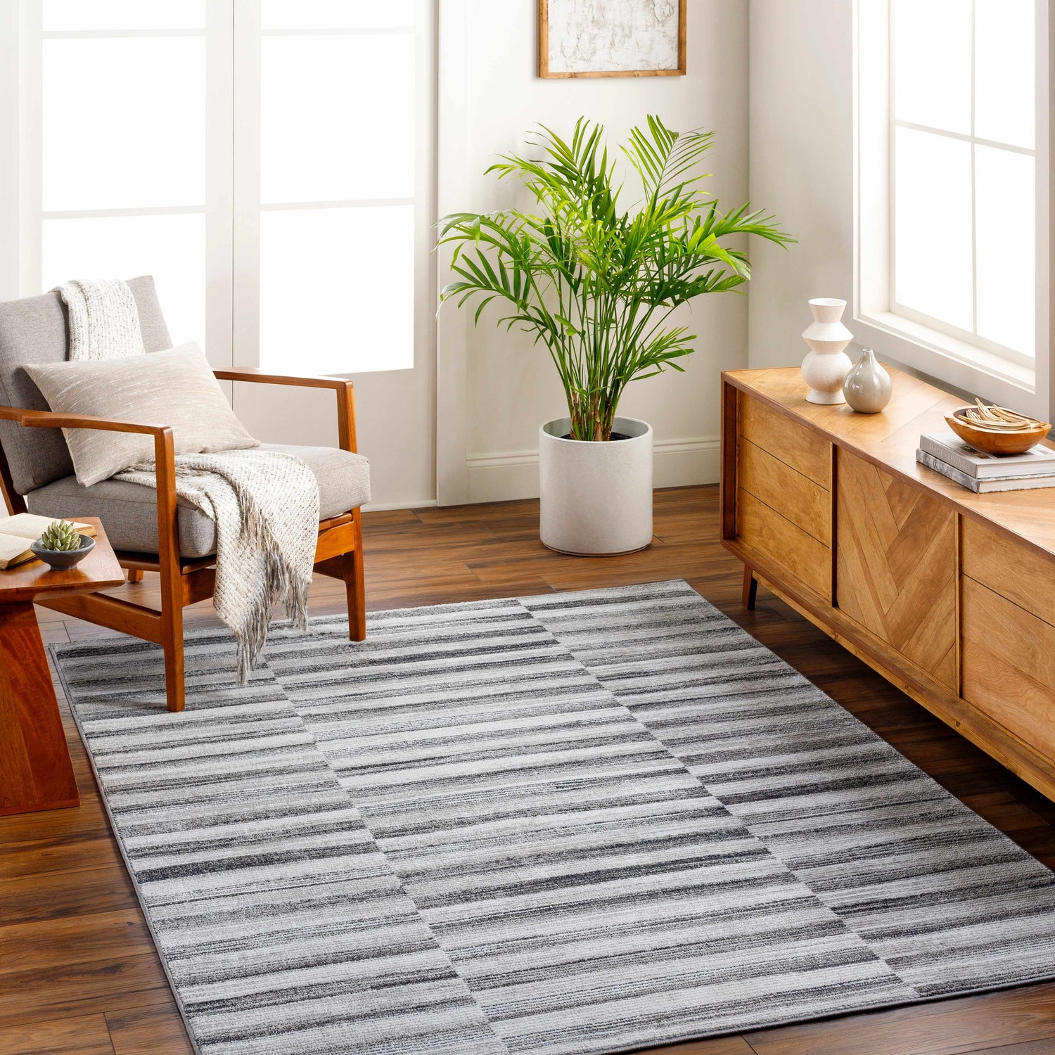 Living room scene with a Gorou Taupe Area Rug, gray armchair, wood media console, and indoor plant. Roomscene-Rectangle