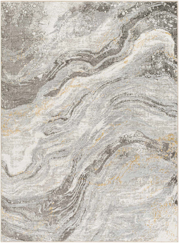 Close-up of the Tess Gray & Brown Marble Area Rug, featuring a swirling marble pattern in gray, brown, and subtle gold accents. Design-Rectangle-537