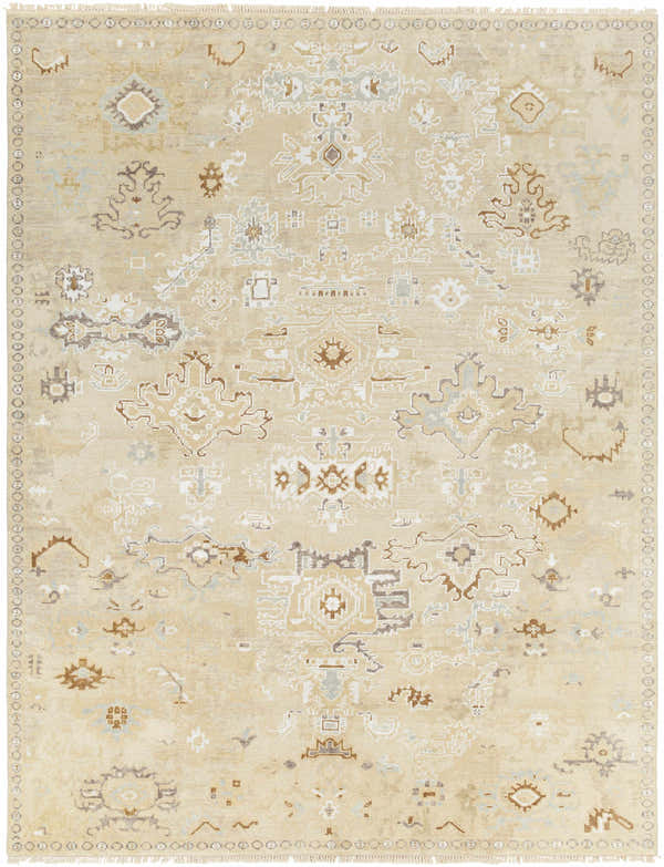 Close-up of the hand-knotted Danyl Area Rug in dark brown, dusty sage, light slate, olive, taupe, and white. Vintage farmhouse style. Design-Rectangle-810
