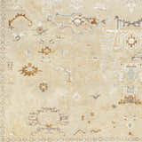 Close up of the hand-knotted Danyl Area Rug. Traditional, vintage design in taupe, white, and brown wool. Swatch