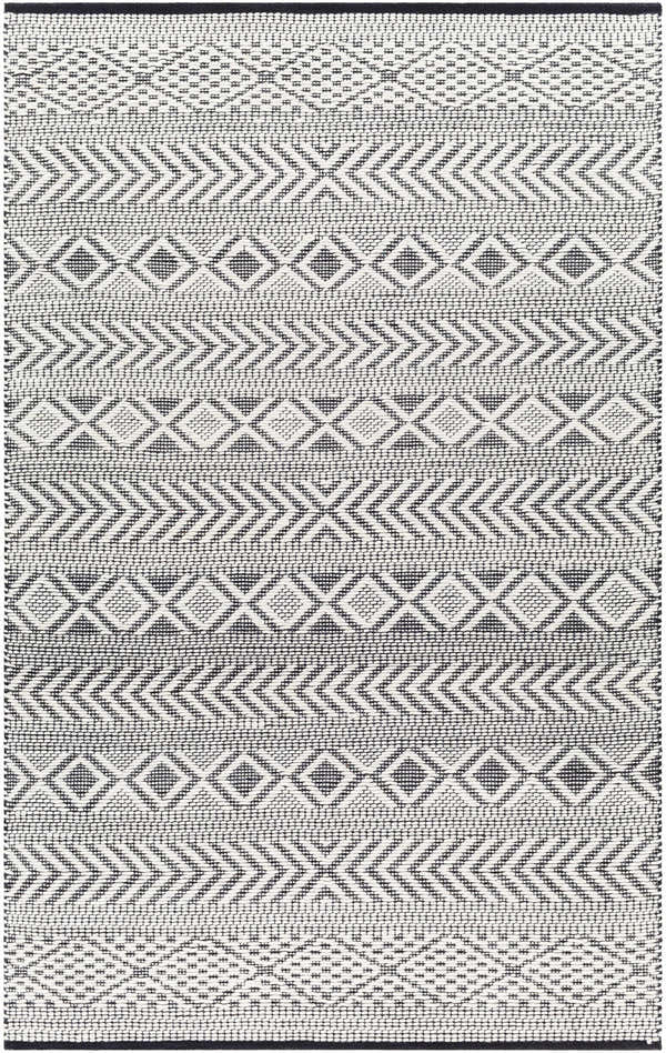 Close-up of the hand woven Asuka Area Rug. Gray, ink, and off-white geometric, Scandinavian design. Wool blend texture. Design-Rectangle-576