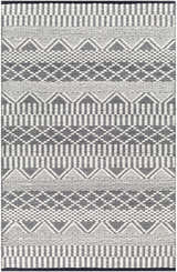 Close-up of the Carly Area Rug, a hand-woven rug with a geometric pattern in dark gray, nickel, off white, and taupe. Design-Rectangle-576