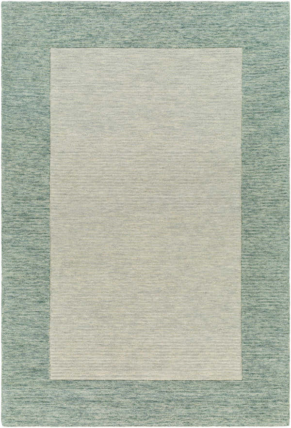 Close-up of the Amadi Green Wool Area Rug, featuring a solid light gray center and a textured green border. Design-Rectangle-576