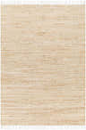 Close-up of the hand-woven Doris Cream Area Rug. Features a jute and cotton blend with a subtle herringbone pattern and white fringe. Design-Rectangle-576