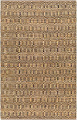Close-up of the hand-woven Hetty Area Rug. Camel jute rug with a chocolate brown geometric pattern. Farmhouse style. Design-Rectangle-576