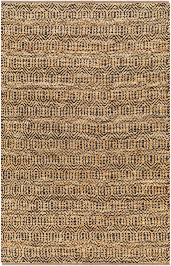 Close-up of the hand-woven Hetty Area Rug. Camel jute rug with a chocolate brown geometric pattern. Farmhouse style. Design-Rectangle-576