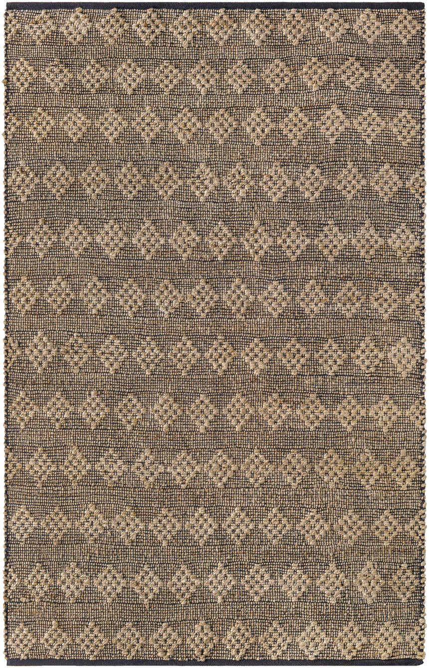 Close-up of the hand woven Irina Area Rug. Features a diamond pattern in nutmeg jute on a medium brown cotton blend. Design-Rectangle-576