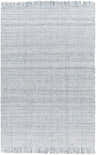 Close-up of the Light Blue Aron Area Rug showing its hand woven texture and fringe detail. Recycled PET yarn rug. Design-Rectangle-576