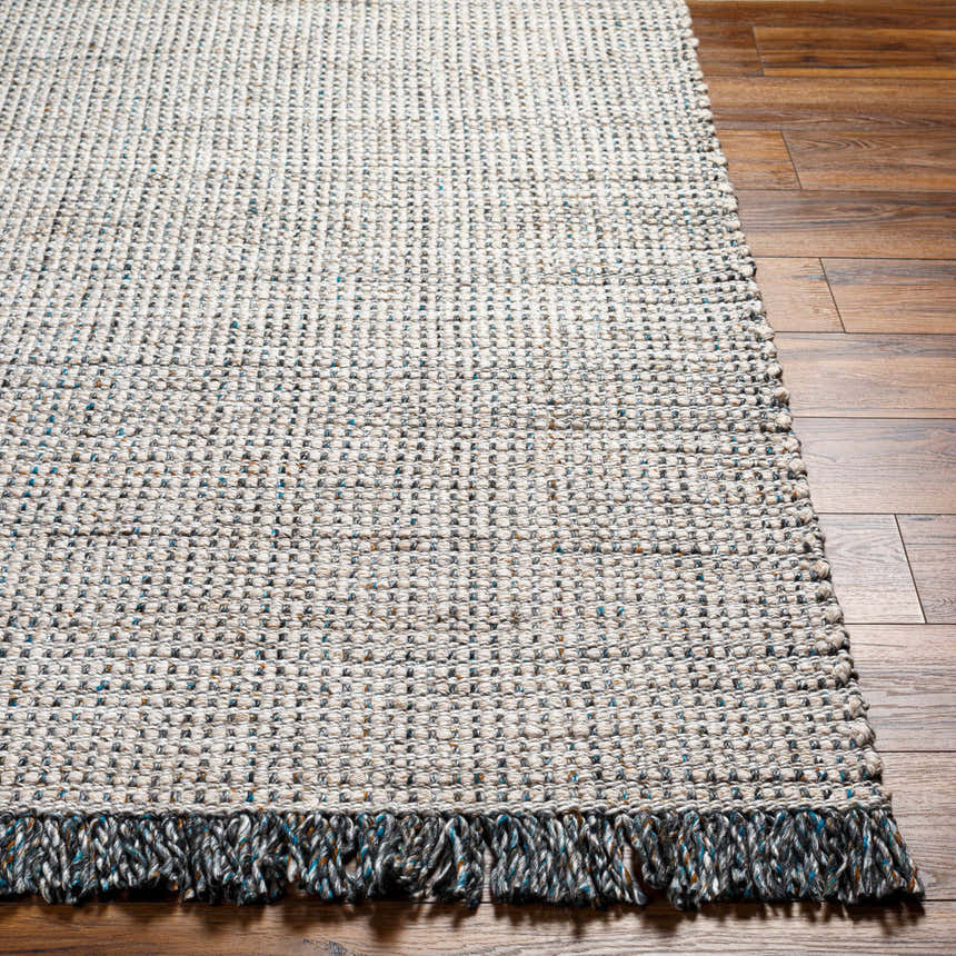 Close-up of the Beige Teal Aron Area Rug showing its woven texture and fringed edge on a wood floor. Front