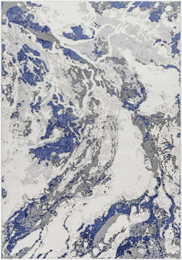 Close-up of the Kaleo Gray & Blue Marble Area Rug, featuring a contemporary light gray, white, and blue marbled design. Design-Rectangle-537