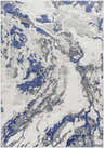 Close-up of the Kaleo Gray & Blue Marble Area Rug, featuring a contemporary light gray, white, and blue marbled design. Design-Rectangle-537