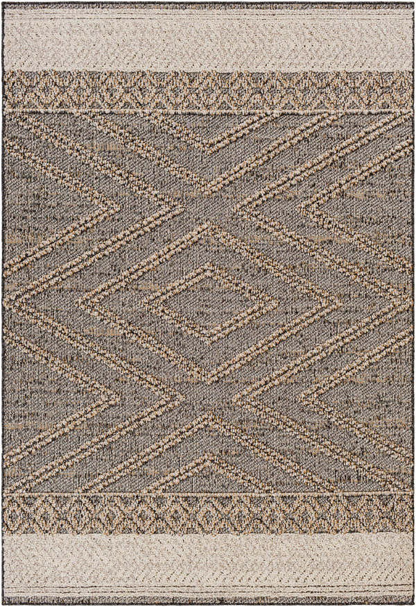 Close-up of Beige Charcoal Areli Area Rug. Geometric, southwestern design with black, mustard, and taupe tones. Design-Rectangle-537