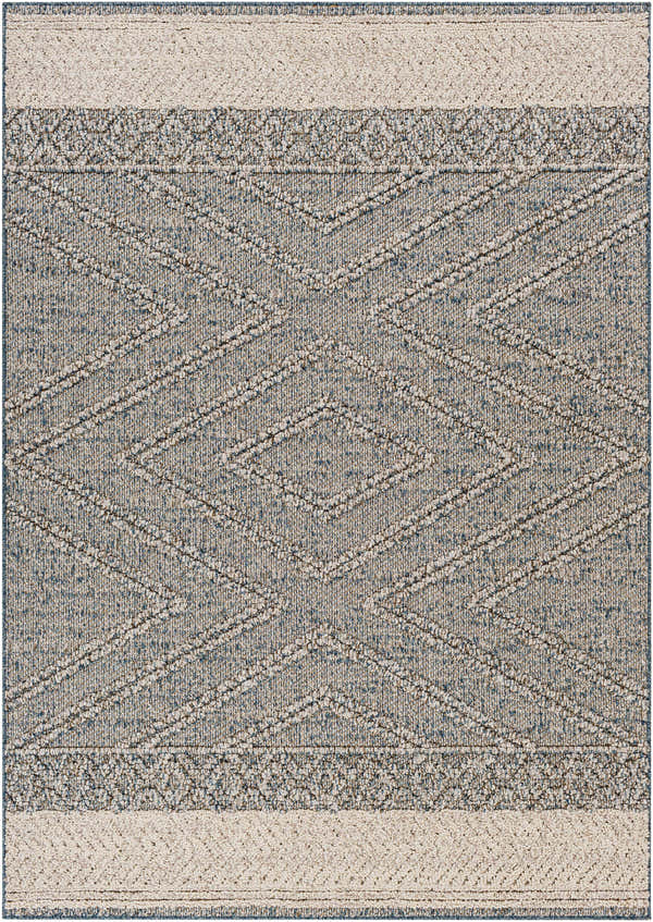 Close-up of the Blue Areli Area Rug showing its geometric diamond pattern and textured weave in blue, gray, and tan. Design-Rectangle-537