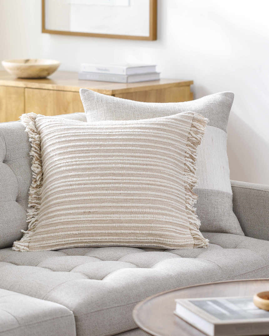 Padrin Tan Fringed Textured Stripe Updated Traditional Cotton Accent Pillow