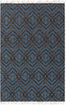 Close-up of the hand woven Stab Area Carpet. Dark blue wool rug with brown geometric diamond pattern and ivory fringe. Design-Rectangle-576