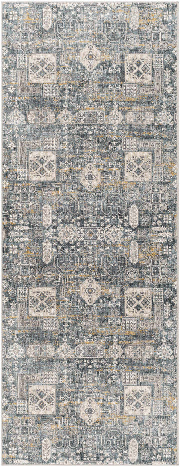 Close-up of the Stacyville Luxe Fringe Rug, showcasing its blue, gray, and camel traditional pattern and soft texture. Design-Runner-2773