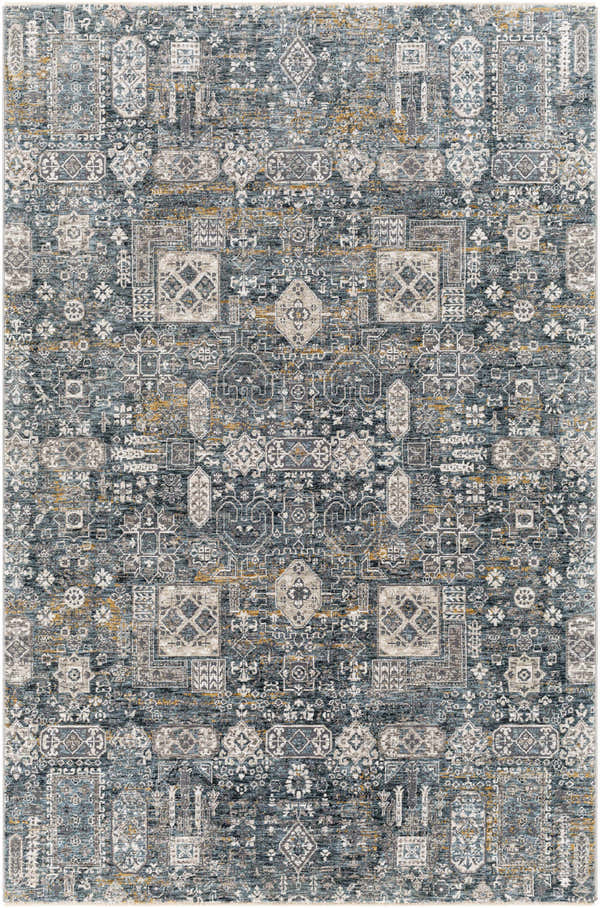 Detailed Stacyville Luxe Fringe Rug featuring a traditional design in blue, gray, camel, and white tones. Design-Rectangle-575