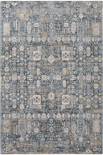 Detailed Stacyville Luxe Fringe Rug with blue, gray, and camel traditional pattern. Design-Rectangle-6796