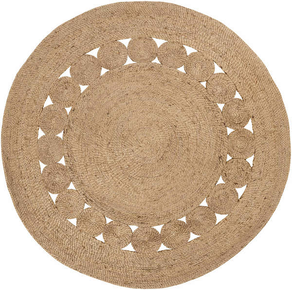 Close-up of a round Stafford Jute Rug. Handwoven natural jute with a tan hue and circular design. Design-Round-3